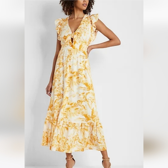 Express Flutter Sleeve Linen Floral Maxi Dress Front Tie Size Small - Picture 1 of 7